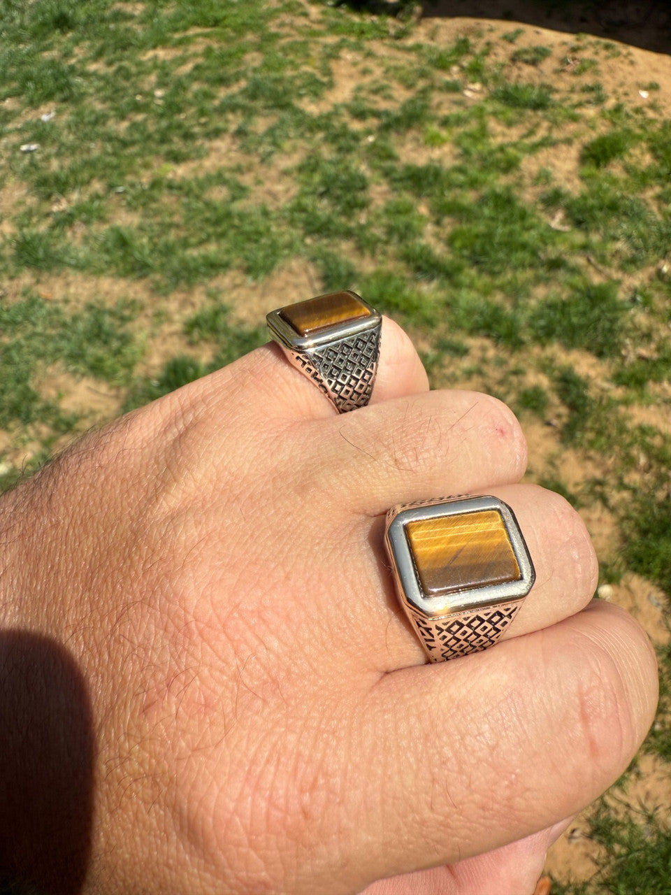 Mens Real Solid 925 Sterling Silver & 10k Gold Tigers Eye Gemstone Square Ring CLOSEOUT DEALS HarlemBling