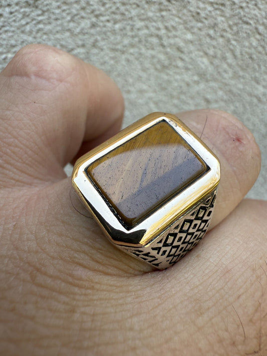 Mens Real Solid 925 Sterling Silver & 10k Gold Tigers Eye Gemstone Square Ring CLOSEOUT DEALS HarlemBling