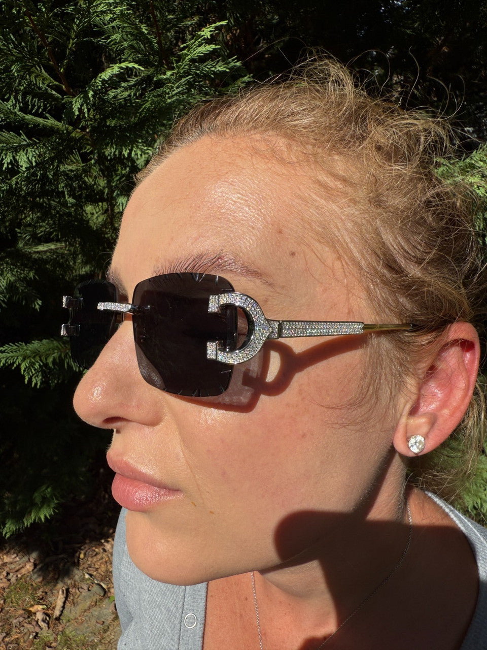 Real 925 Silver Big C VVS MOISSANITE Dark Black Sunglasses - Iced Buffs Glasses EVERYDAY ESSENTIALS HarlemBling