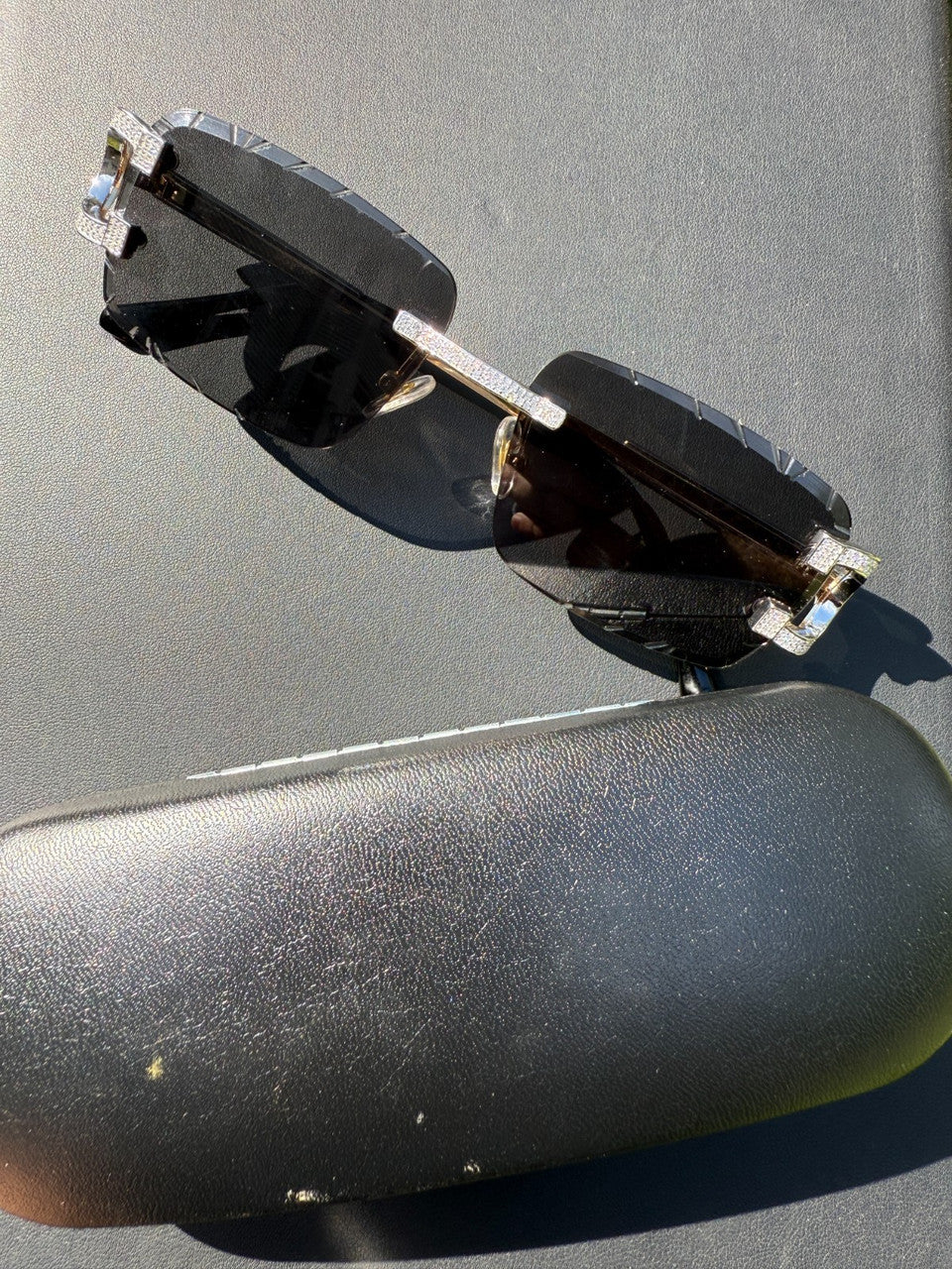 Real 925 Silver Big C VVS MOISSANITE Dark Black Sunglasses - Iced Buffs Glasses EVERYDAY ESSENTIALS HarlemBling