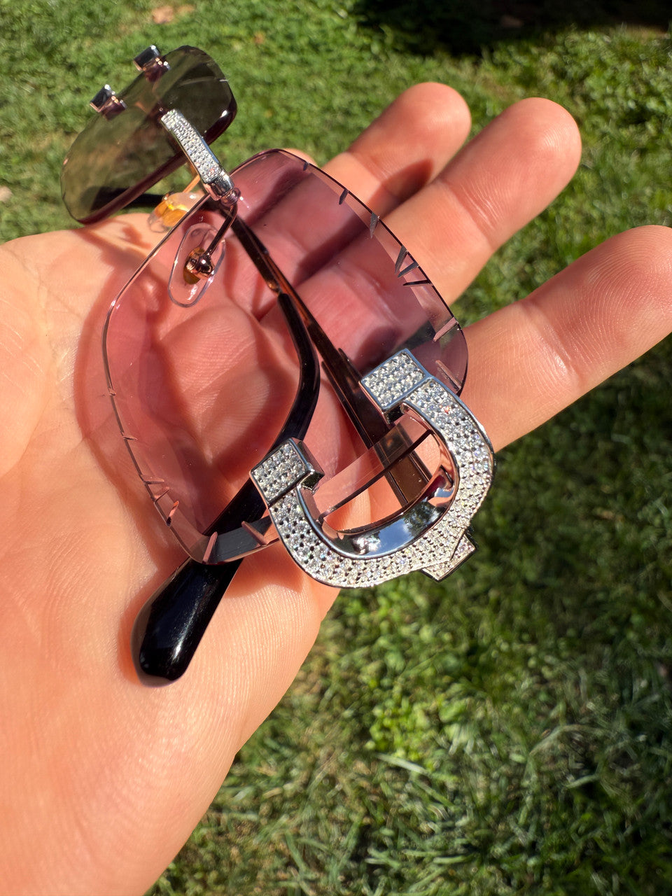 Real 925 Silver Big C VVS MOISSANITE Pink Purple Sunglasses - Iced Buffs Glasses EVERYDAY ESSENTIALS HarlemBling