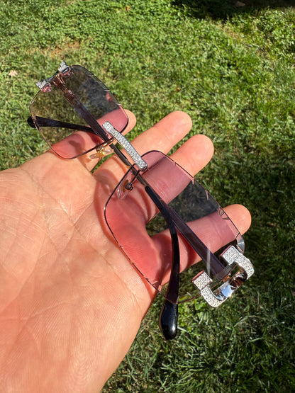 Real 925 Silver Big C VVS MOISSANITE Pink Purple Sunglasses - Iced Buffs Glasses EVERYDAY ESSENTIALS HarlemBling