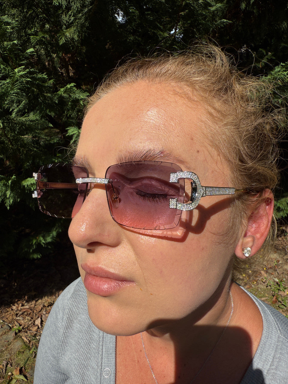 Real 925 Silver Big C VVS MOISSANITE Pink Purple Sunglasses - Iced Buffs Glasses EVERYDAY ESSENTIALS HarlemBling