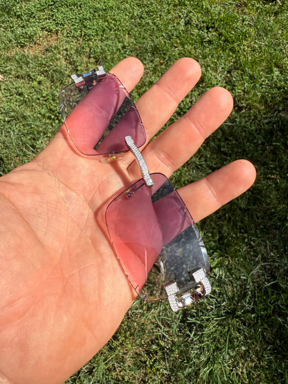 Real 925 Silver Big C VVS MOISSANITE Pink Purple Sunglasses - Iced Buffs Glasses EVERYDAY ESSENTIALS HarlemBling