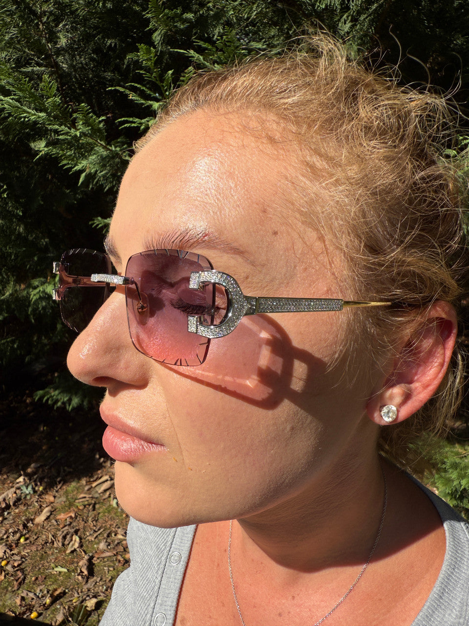 Real 925 Silver Big C VVS MOISSANITE Pink Purple Sunglasses - Iced Buffs Glasses EVERYDAY ESSENTIALS HarlemBling