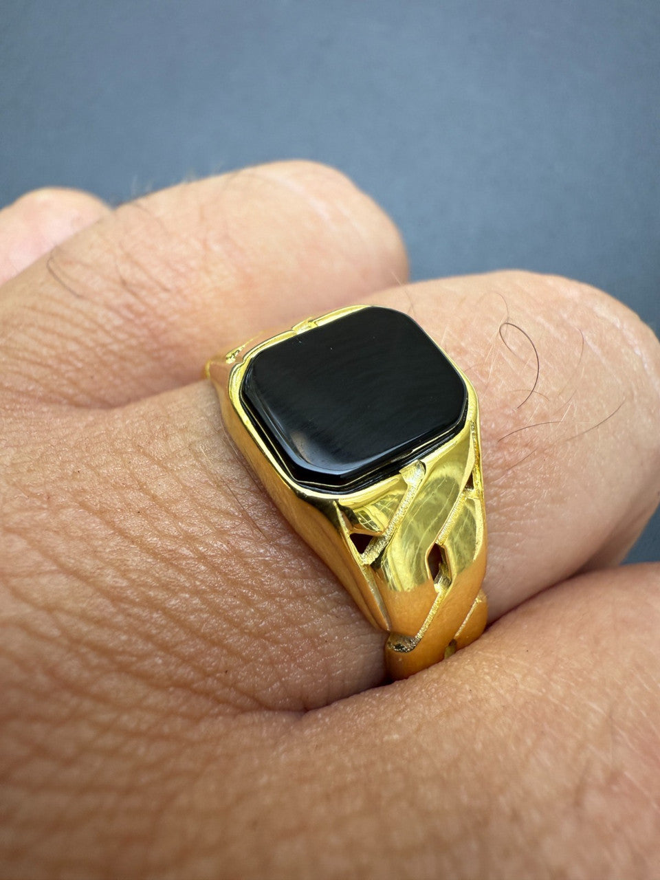 Real Black Onyx Gemstone Mens Solid 14k Gold Over 925 Silver Cuban Link Ring Imported from eBay HarlemBling
