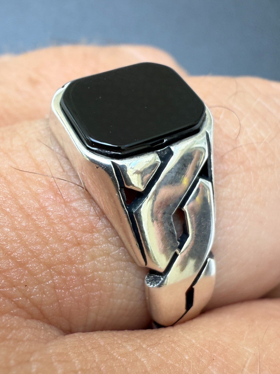 Real Black Onyx Gemstone Mens Solid 925 Sterling Silver Cuban Link Plain Ring Imported from eBay HarlemBling