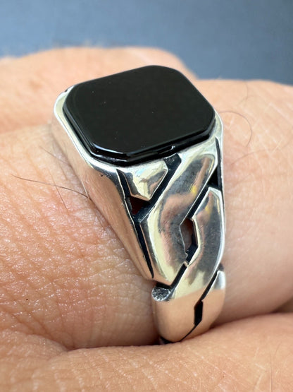 Real Black Onyx Gemstone Mens Solid 925 Sterling Silver Cuban Link Plain Ring Imported from eBay HarlemBling