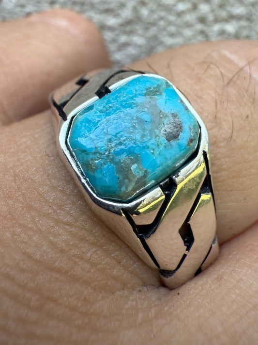 Real Blue Turquoise Gemstone Mens Solid 925 Sterling Silver Cuban Link Ring Imported from eBay HarlemBling
