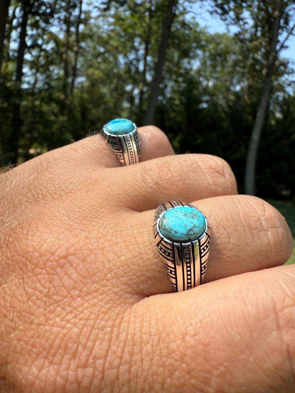 Navajo Tribe Ring - 925 Silver Oxidized - Genuine Blue Turquoise