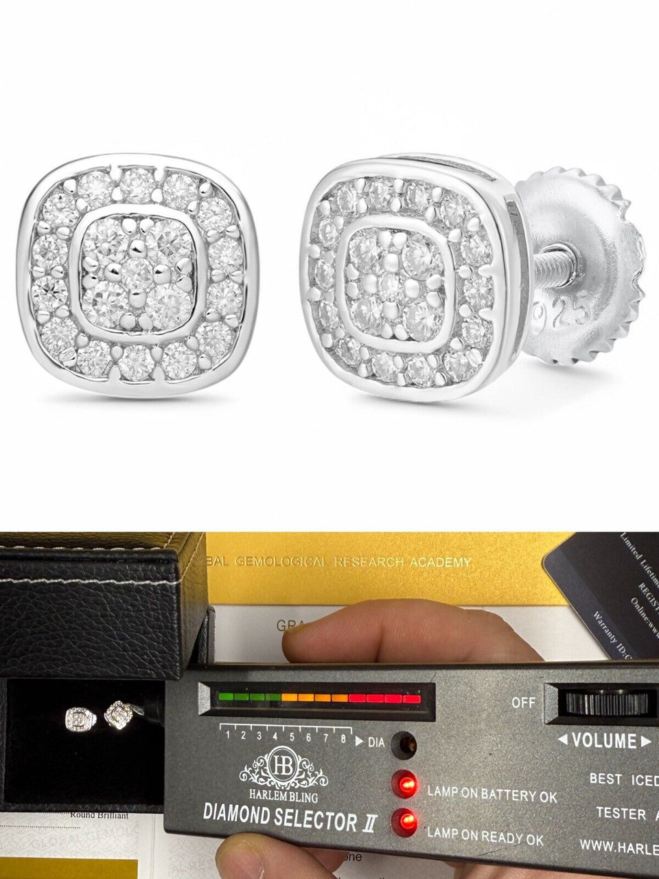 Real Iced Cheap Moissanite Earrings Men Ladies 7mm 925 Silver Square Studs Imported from eBay HarlemBling