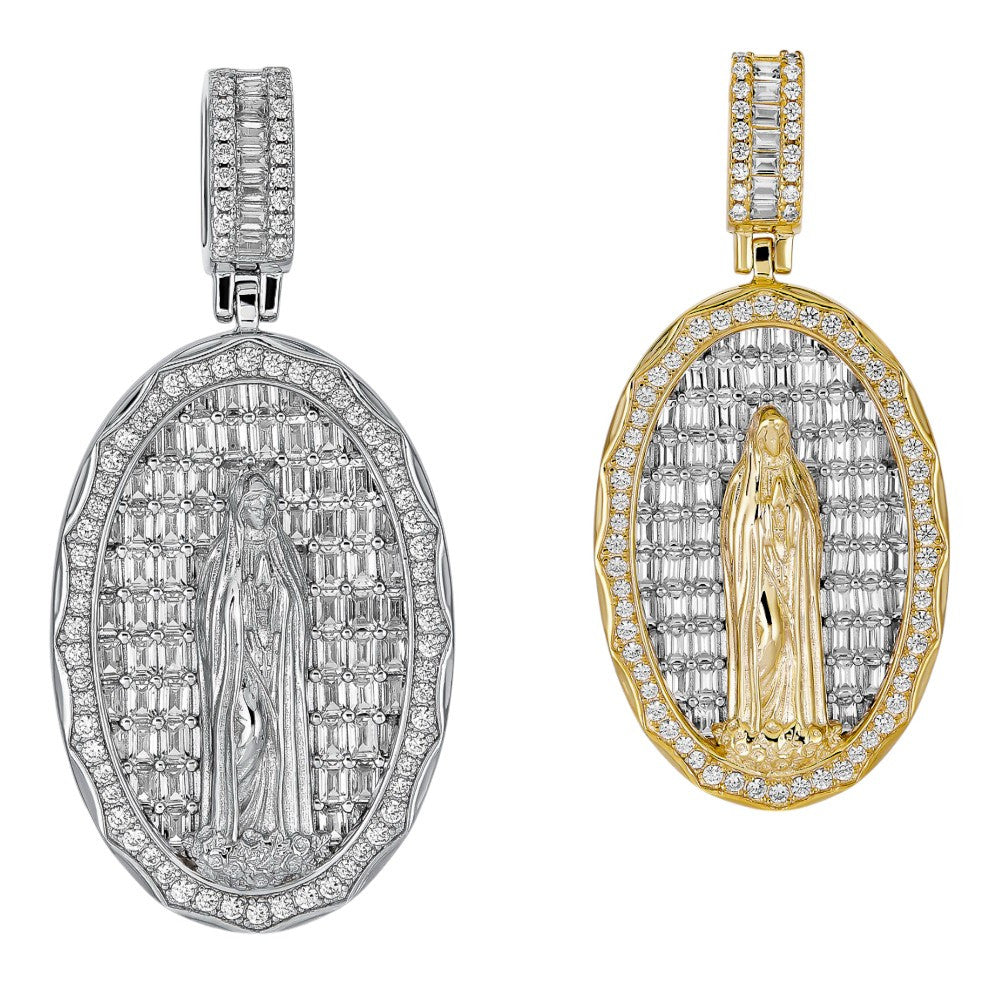 Real 925 Sterling Silver & 14k Gold - Virgin Mary Necklace Iced Baguette Pendant
