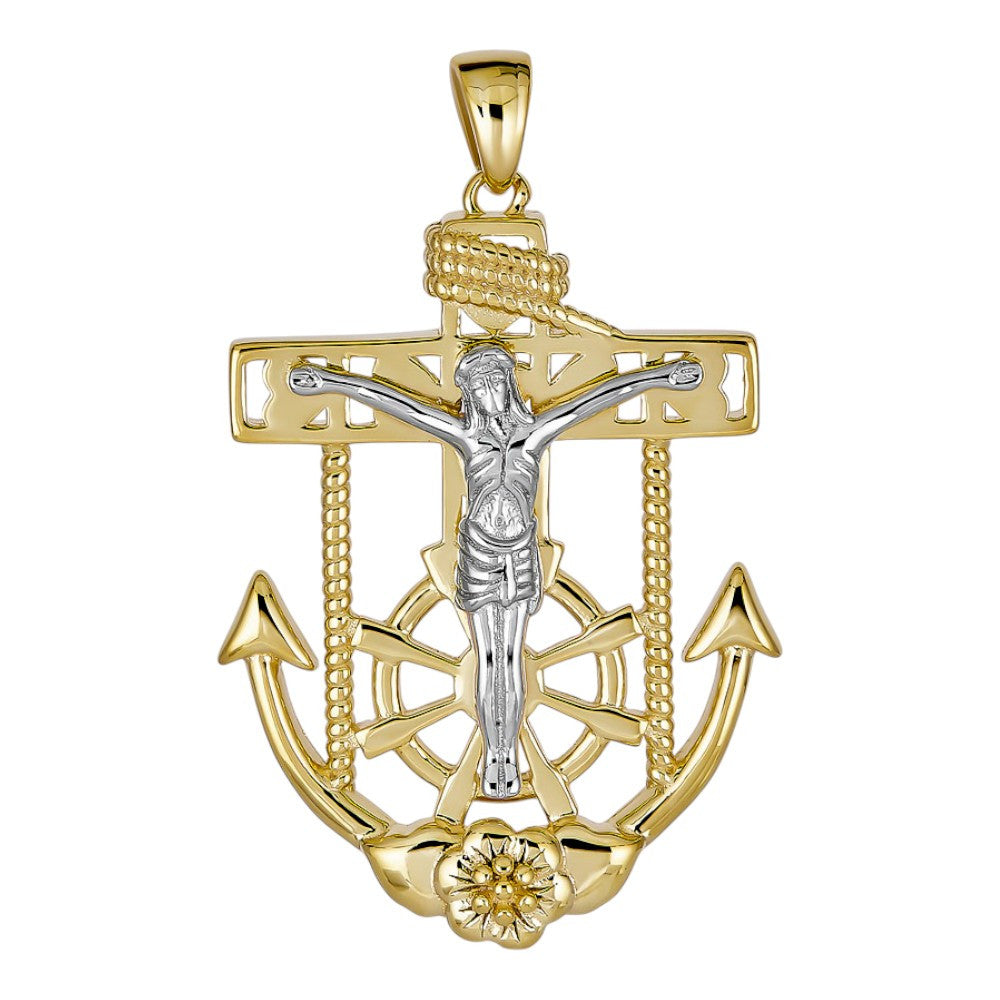 Jesus Crucifix & Anchor Pendant - 14k Gold Vermeil & 925 Silver Accents - Small 1.25"