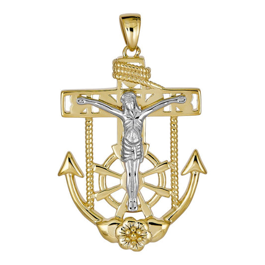 Jesus Crucifix & Anchor Pendant - 14k Gold Vermeil & 925 Silver Accents - Small 1.25"