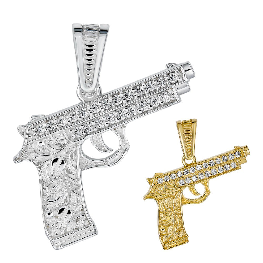 Real 925 Silver / 14k Gold Plated Gun Desert Eagle Pistol Pendant Necklace Iced