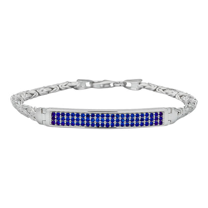 Mens Byzantine Presidential ID Bracelet Real 925 Silver Iced Blue Sapphire Stone