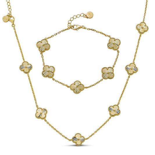 Cleef Clover Link Chain Necklace Or Bracelet Diamond Cut Motifs - 14k Gold Vermeil 925 Sterling Silver - 5.5"-24"