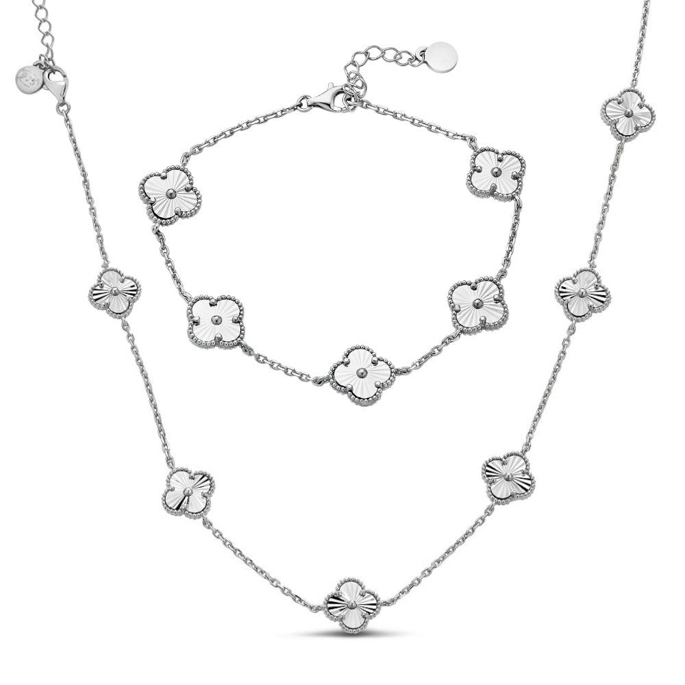 Cleef Clover Link Chain Necklace Or Bracelet Diamond Cut Motifs - 925 Sterling Silver - 5.5"-24"