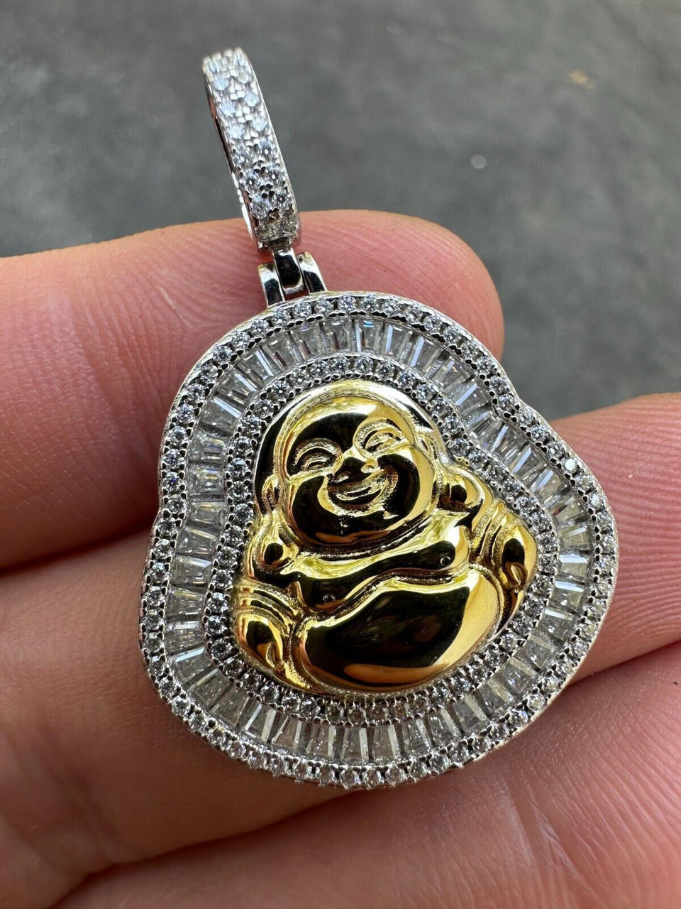 Buddha Pendant Real Moissanite Solid 925 Silver / 14k Gold Plated Iced Necklace