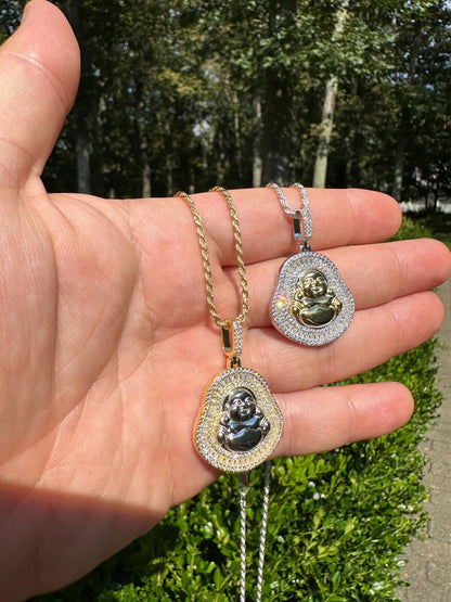 Buddha Pendant Real Moissanite Solid 925 Silver / 14k Gold Plated Iced Necklace