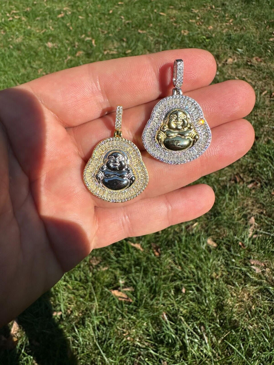Buddha Pendant Real Moissanite Solid 925 Silver / 14k Gold Plated Iced Necklace