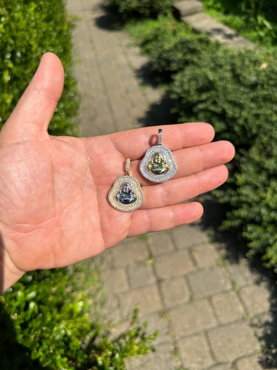 Buddha Pendant Real Moissanite Solid 925 Silver / 14k Gold Plated Iced Necklace