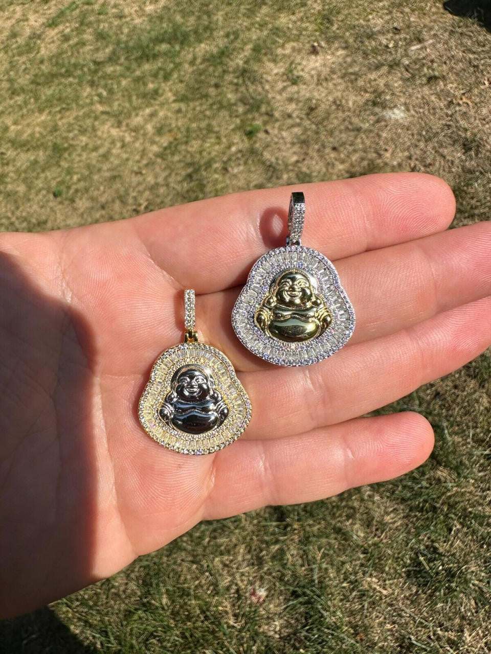 Buddha Pendant Real Moissanite Solid 925 Silver / 14k Gold Plated Iced Necklace