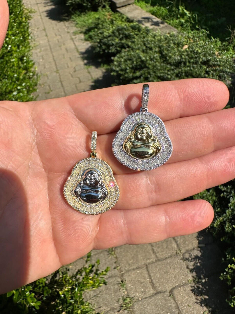 Buddha Pendant Real Moissanite Solid 925 Silver / 14k Gold Plated Iced Necklace