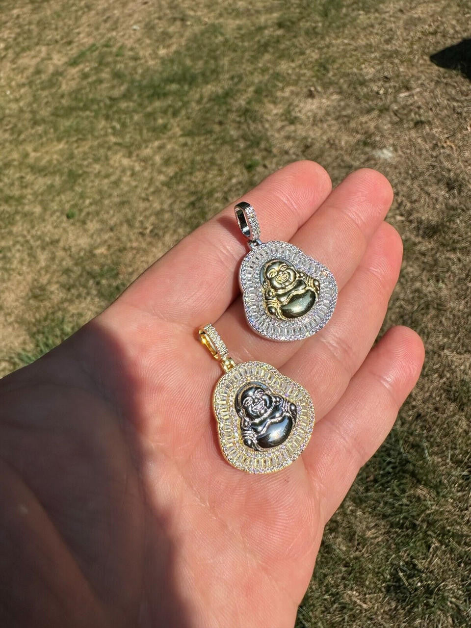 Buddha Pendant Real Moissanite Solid 925 Silver / 14k Gold Plated Iced Necklace