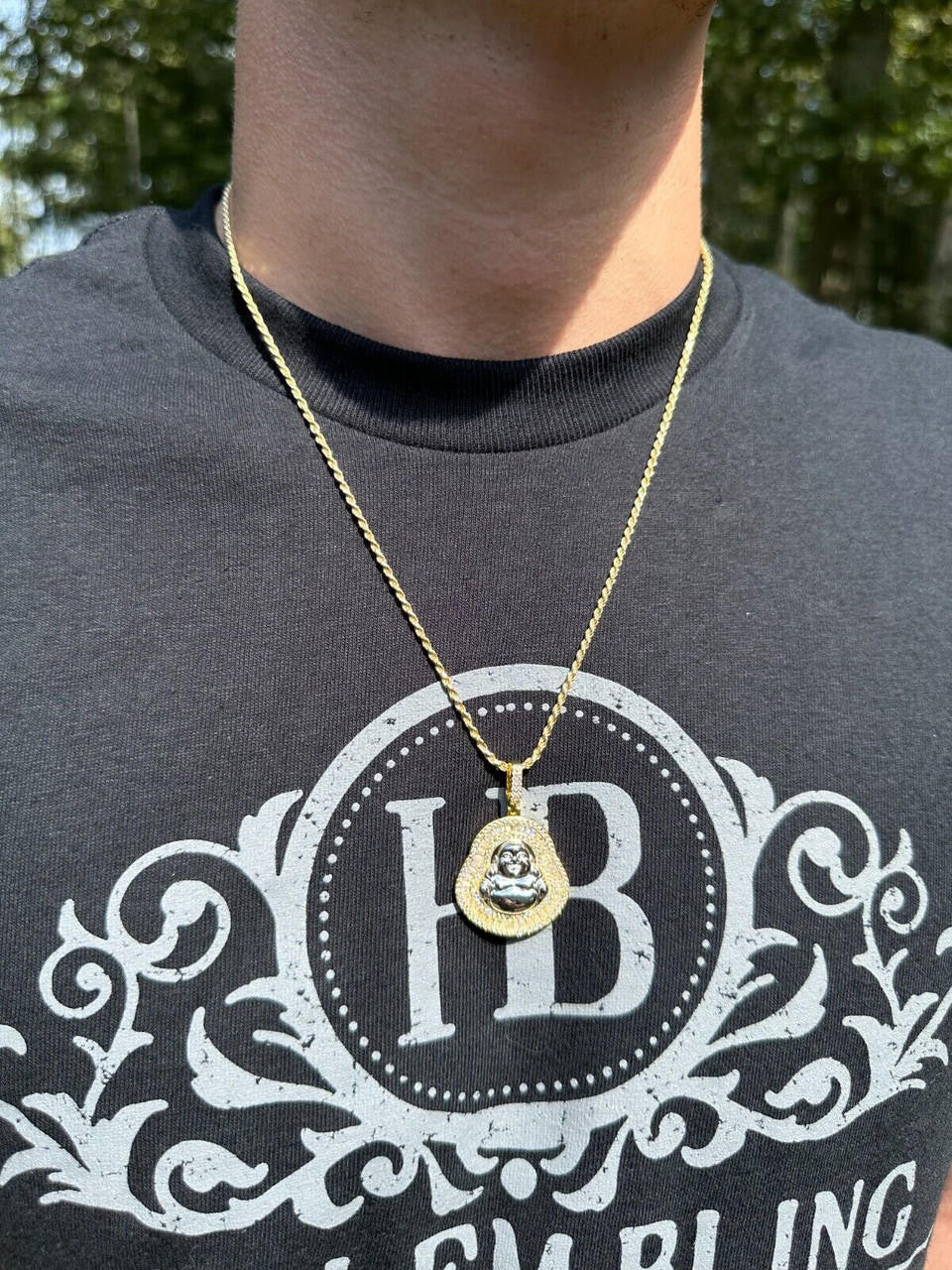 Buddha Pendant Real Moissanite Solid 925 Silver / 14k Gold Plated Iced Necklace