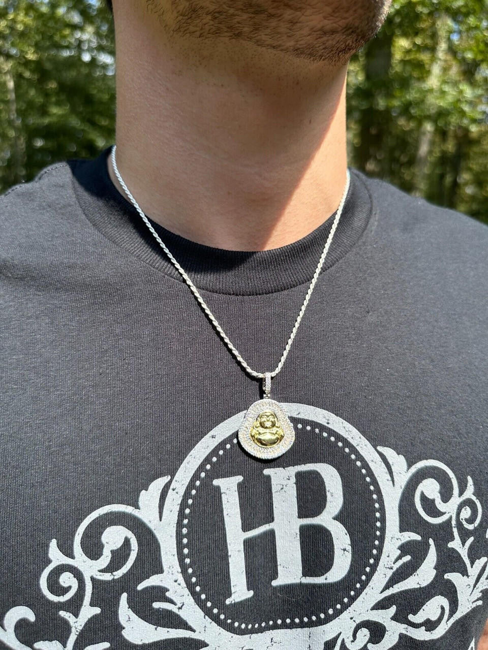 Buddha Pendant Real Moissanite Solid 925 Silver / 14k Gold Plated Iced Necklace