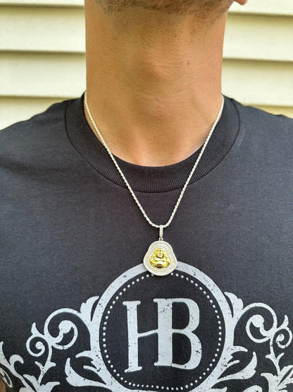 Buddha Pendant Real Moissanite Solid 925 Silver / 14k Gold Plated Iced Necklace