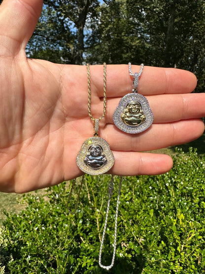 Buddha Pendant Real Moissanite Solid 925 Silver / 14k Gold Plated Iced Necklace