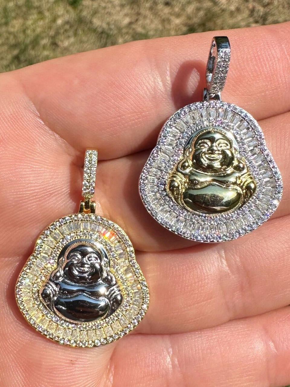 Buddha Pendant Real Moissanite Solid 925 Silver / 14k Gold Plated Iced Necklace