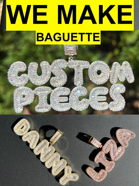 Custom Baguette Bubble Letter Pendant Or Number CZ Or Moissanite Graffiti Name 925 Silver