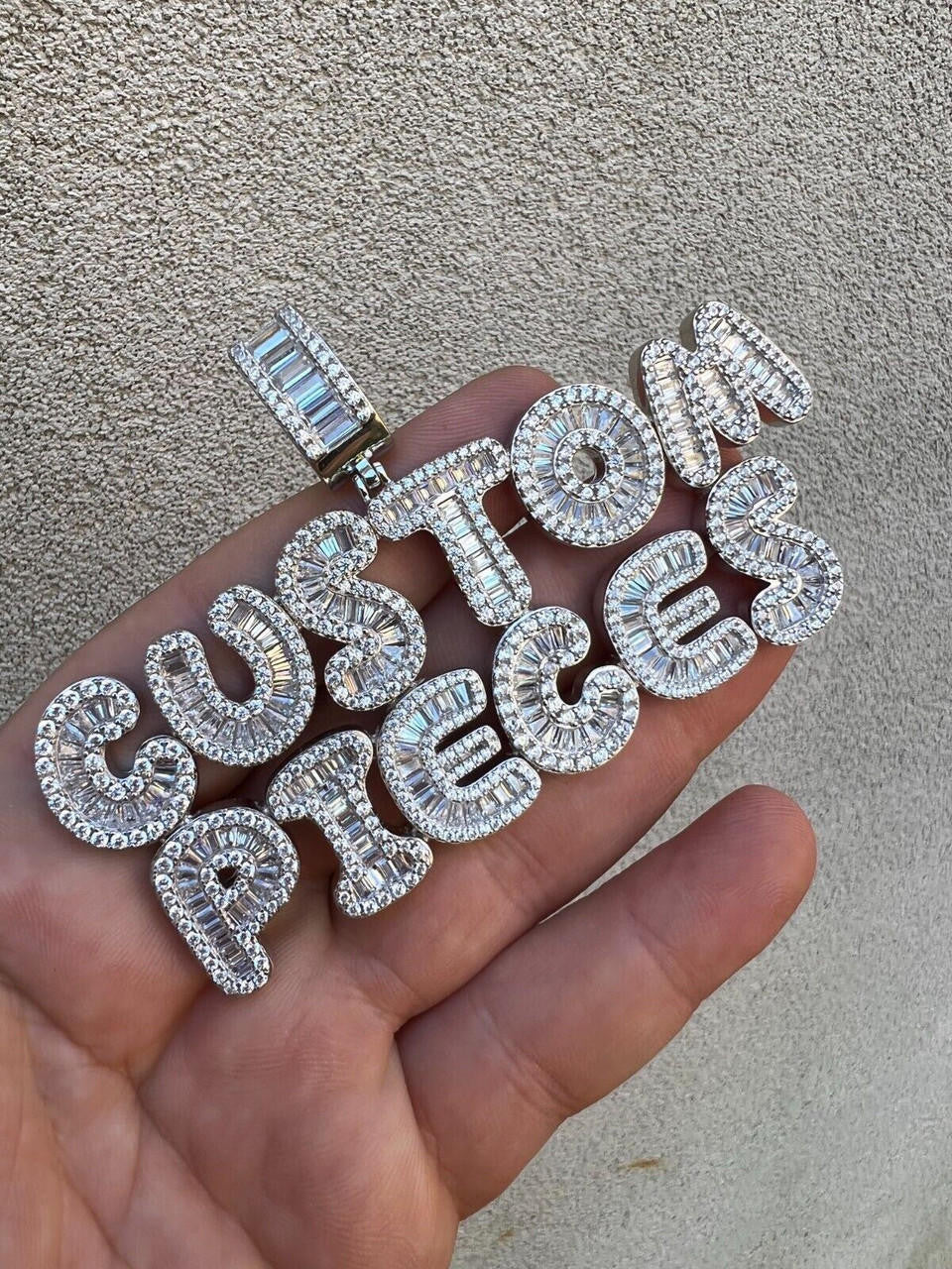 Custom Baguette Bubble Letter Pendant Or Number CZ Or Moissanite Graffiti Name 925 Silver