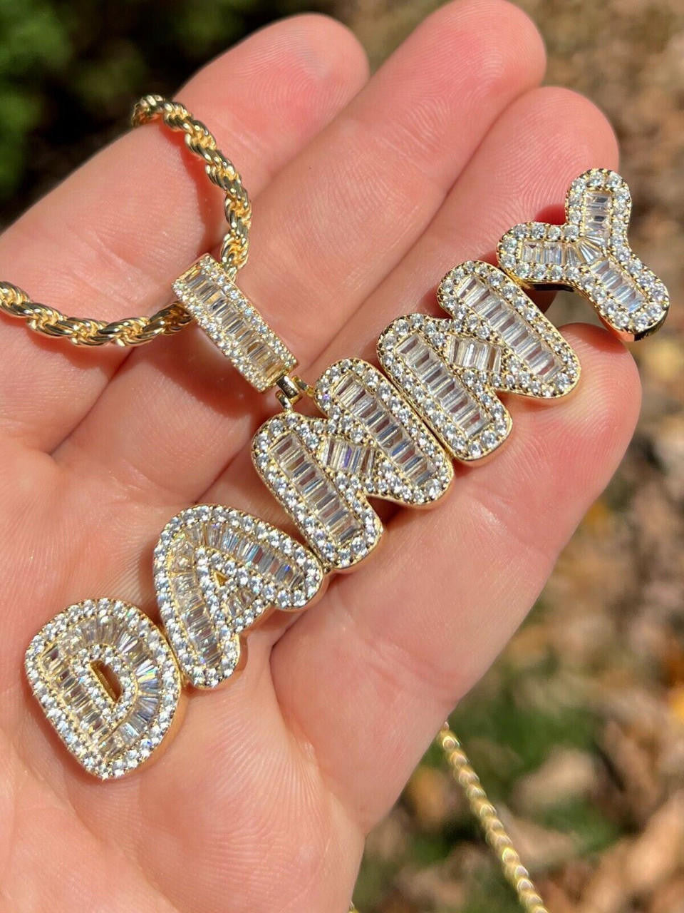 Custom Baguette Bubble Letter Pendant Or Number CZ Or Moissanite Graffiti Name 925 Silver