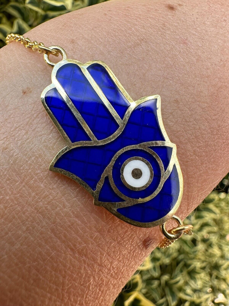 Hamsa Hand Bracelet Solid Real  925 Silver 14k Gold Plated Blue Enamel Evil Eye