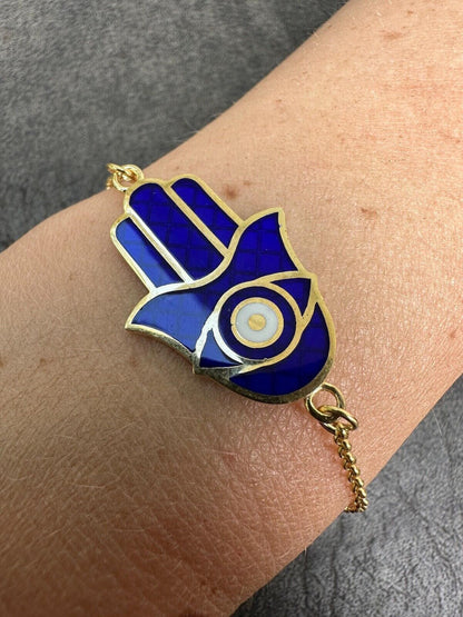 Hamsa Hand Bracelet Solid Real  925 Silver 14k Gold Plated Blue Enamel Evil Eye