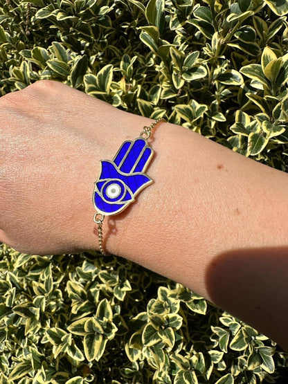 Hamsa Hand Bracelet Solid Real  925 Silver 14k Gold Plated Blue Enamel Evil Eye