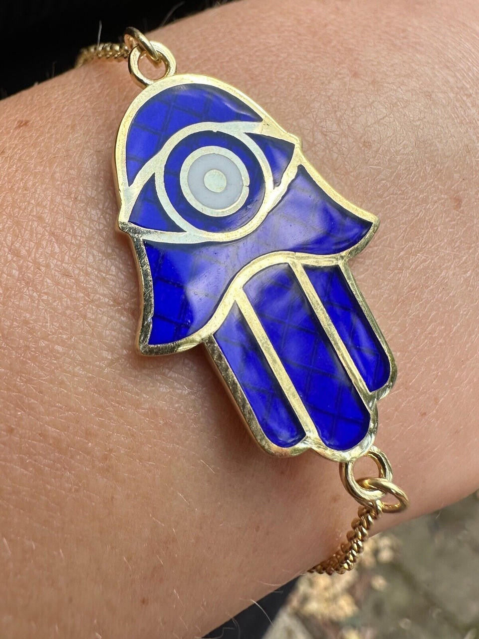 Hamsa Hand Bracelet Solid Real  925 Silver 14k Gold Plated Blue Enamel Evil Eye