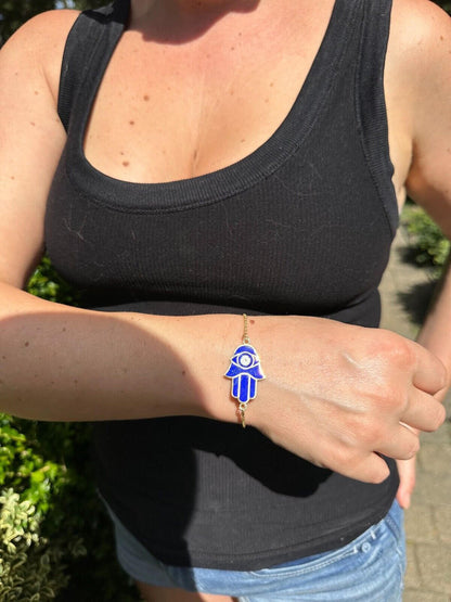Hamsa Hand Bracelet Solid Real  925 Silver 14k Gold Plated Blue Enamel Evil Eye