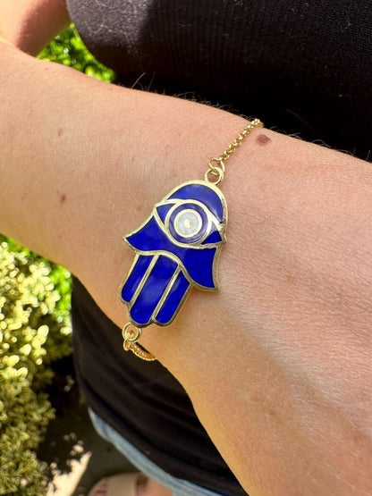 Hamsa Hand Bracelet Solid Real  925 Silver 14k Gold Plated Blue Enamel Evil Eye