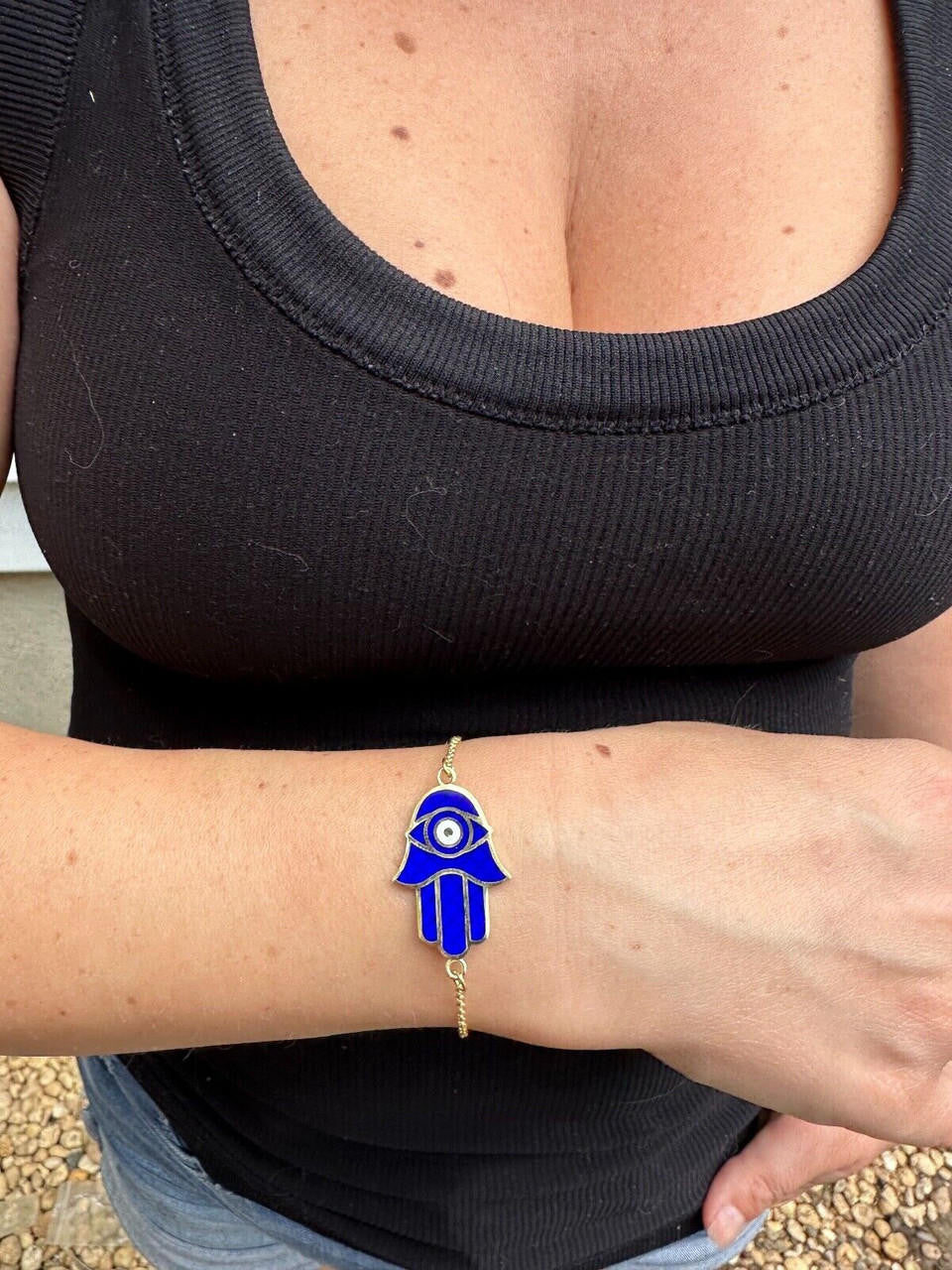 Hamsa Hand Bracelet Solid Real  925 Silver 14k Gold Plated Blue Enamel Evil Eye