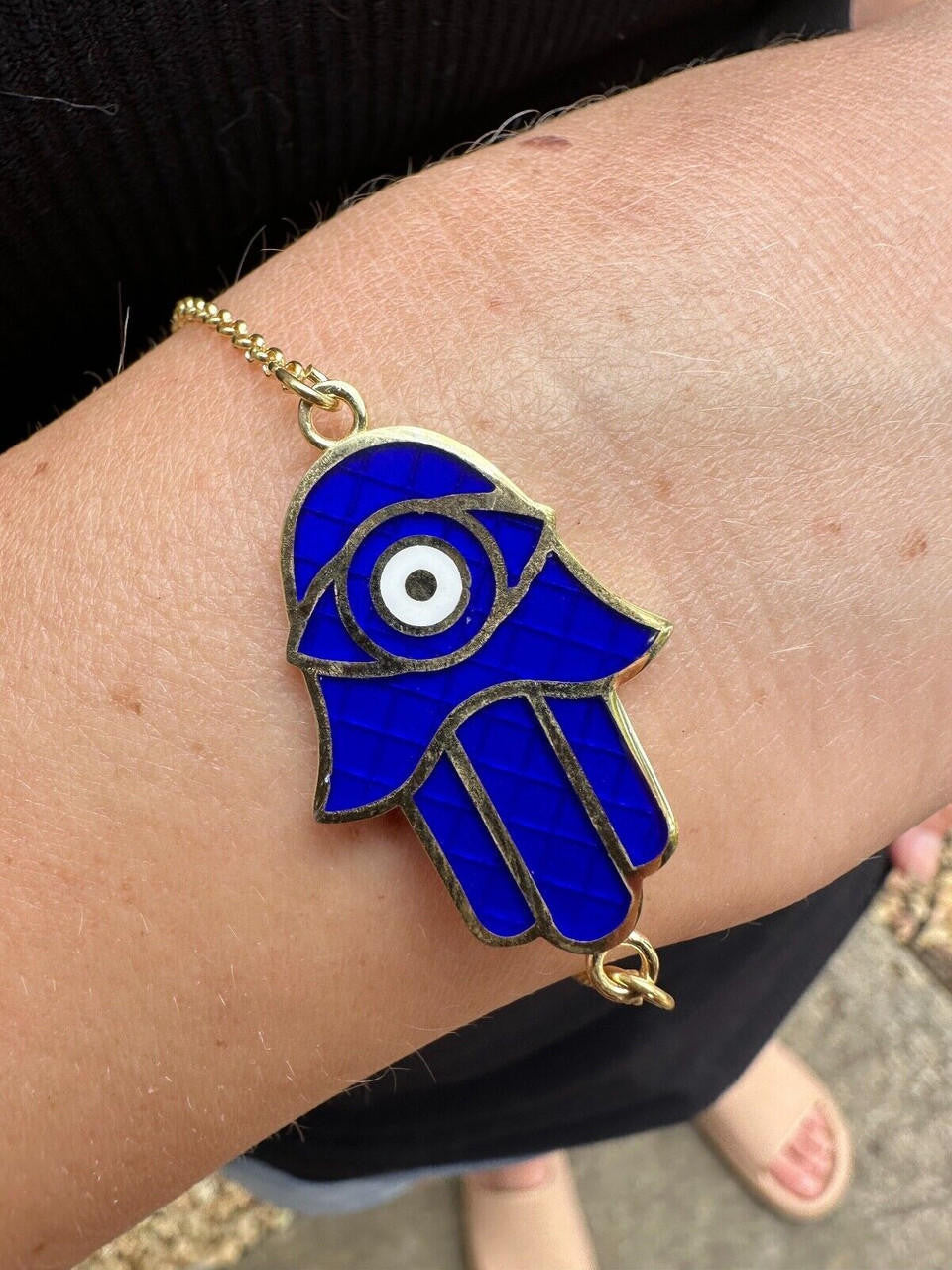 Hamsa Hand Bracelet Solid Real  925 Silver 14k Gold Plated Blue Enamel Evil Eye