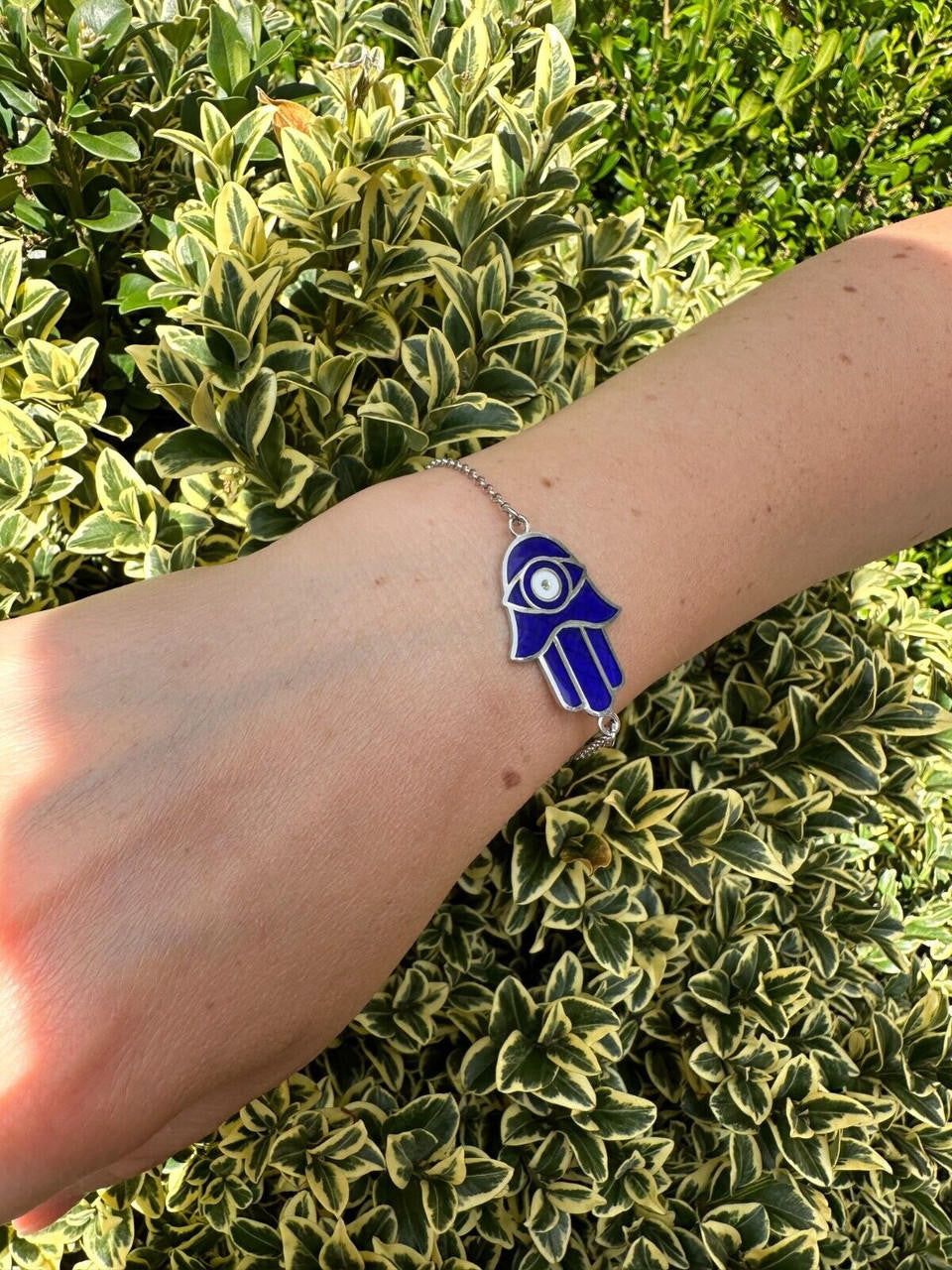 Hamsa Hand Bracelet Solid Real  925 Silver Blue Enamel Evil Eye Charm Adjustable