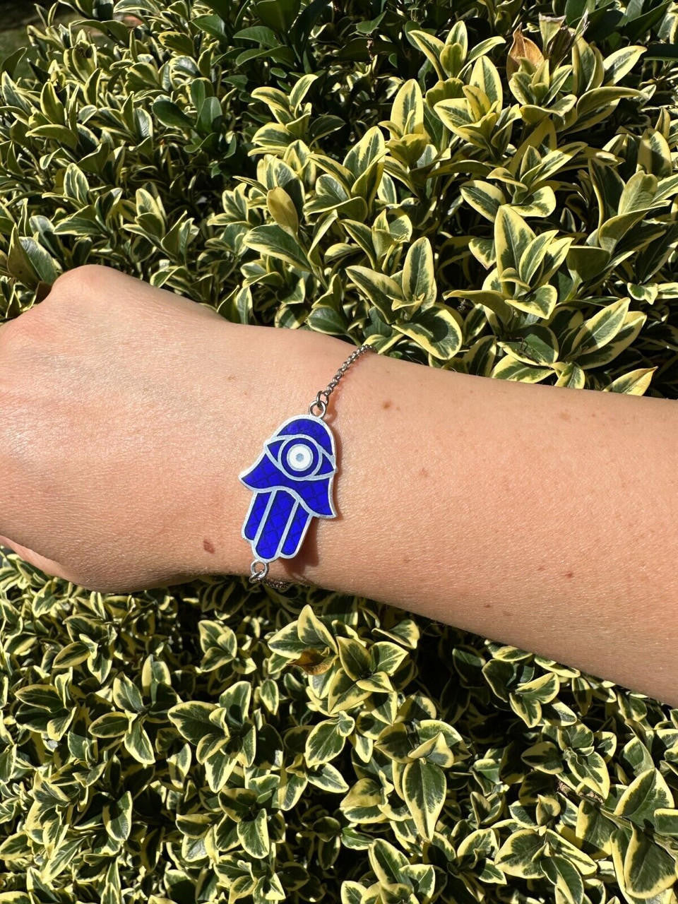 Hamsa Hand Bracelet Solid Real  925 Silver Blue Enamel Evil Eye Charm Adjustable