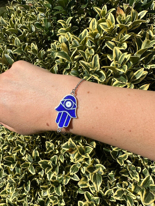 Hamsa Hand Bracelet Solid Real  925 Silver Blue Enamel Evil Eye Charm Adjustable