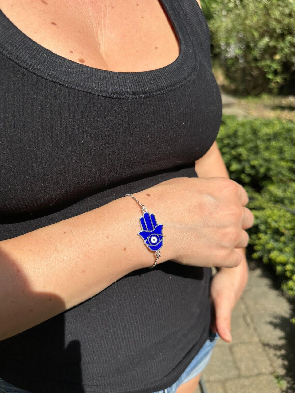 Hamsa Hand Bracelet Solid Real  925 Silver Blue Enamel Evil Eye Charm Adjustable