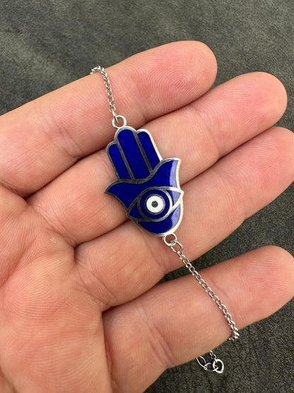 Hamsa Hand Bracelet Solid Real  925 Silver Blue Enamel Evil Eye Charm Adjustable